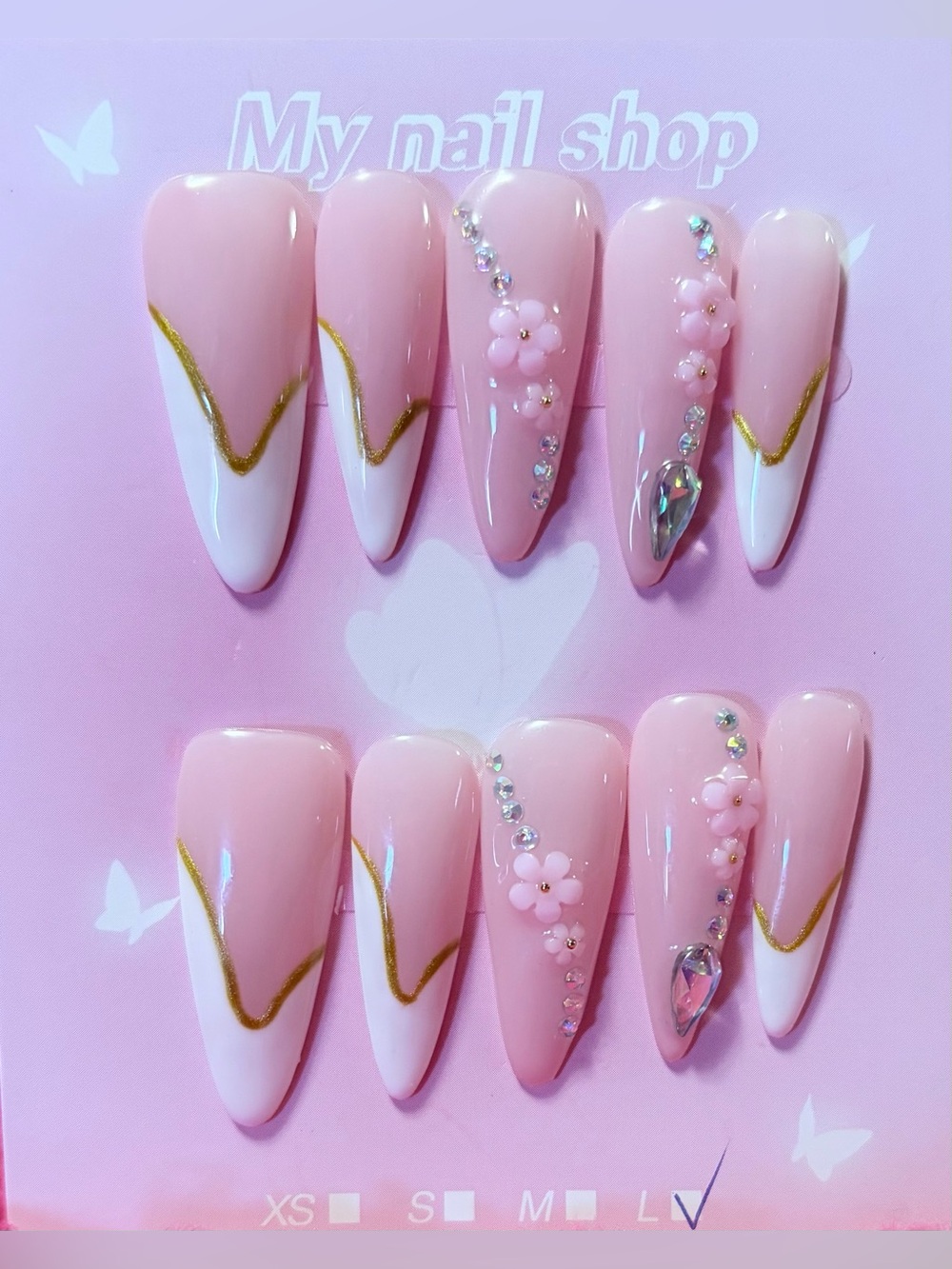 Pink Floral Crystal Press-On Nails - Women Accessories
